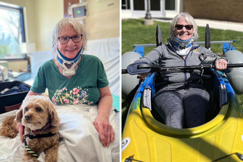 Sue sits in a hospital bed with a dog, wearing a neck brace