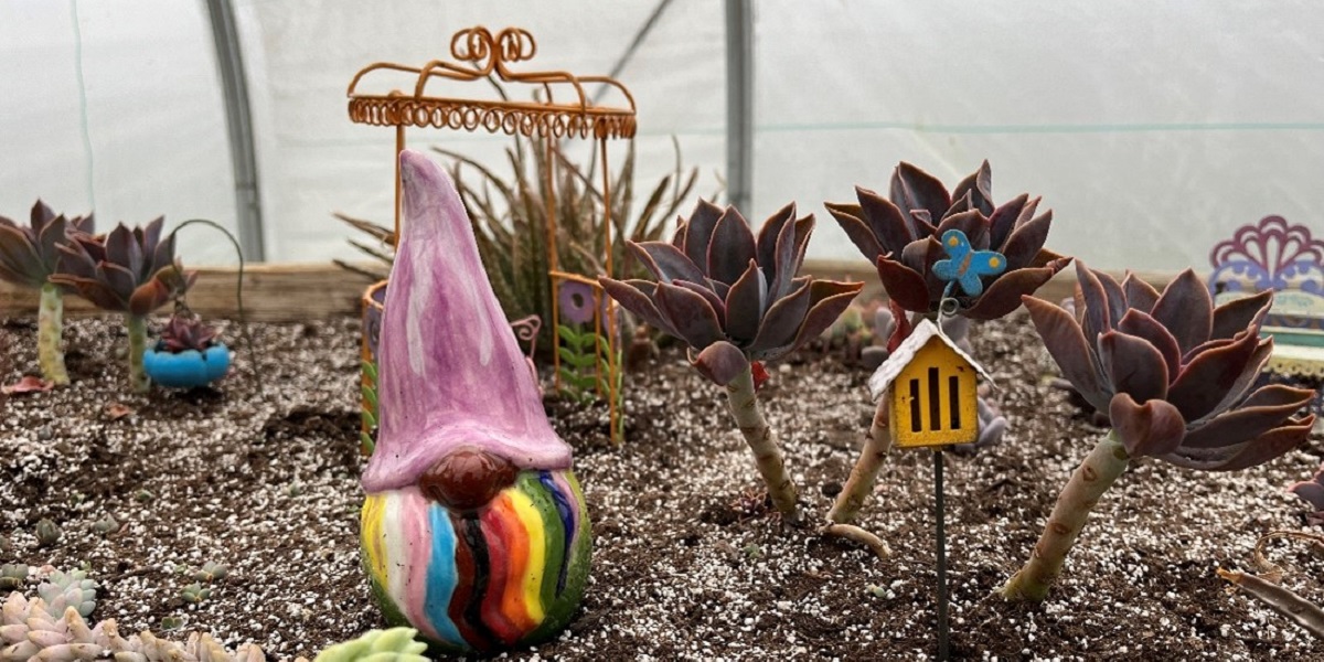 Photo of the fairy garden inside the Ann Arbor hoop house.